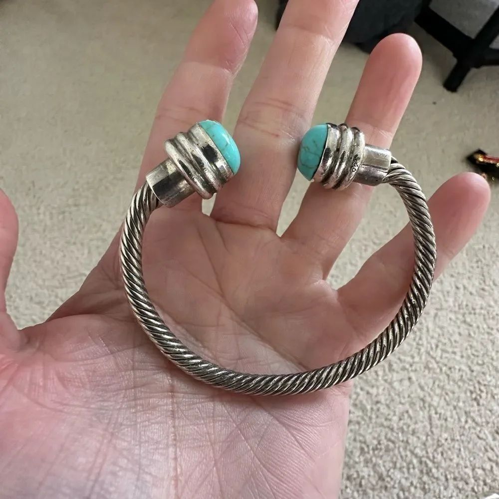 925 Sterling Silver Vintage Mexico Turquoise Gem Twisted Cuff Bracelet